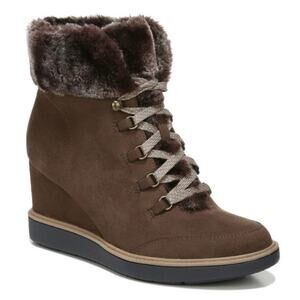 Dr. Scholl's size 9 J Furry Chocolate Brown Faux Suede Wedge Boots Faux Fur Cuff